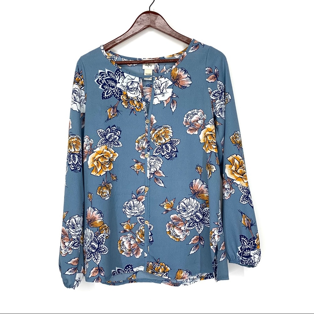 Daytrip Dusty Blue Orange Floral Long Sleeve Peasant Blouse Size Medium